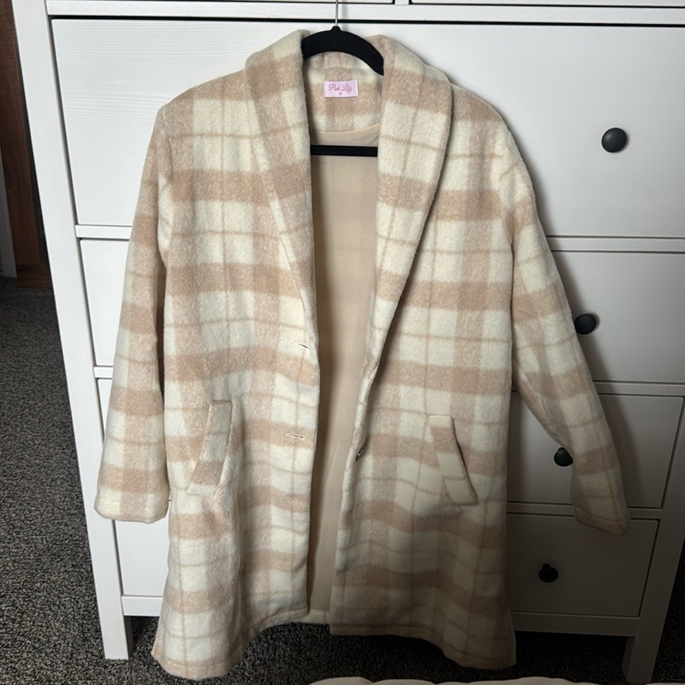 Pink Lily Cream & Beige Plaid Shawl-Collar Trench Coat